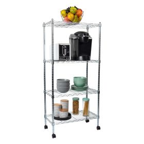 4-Tier Metal Adjustable Storage Rack with Wheels; Utility Rolling Trolley with Shelf Organizer; Silver