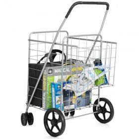 Jumbo Basket Folding Shopping Cart With Swiveling Wheels And Dual Storage Baskets (Color: Silver, Type: Kitchen Tools)