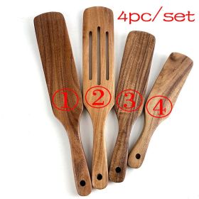 7pcs/set Teak Natural Wood Tableware Spoon Ladle Turner Rice Colander Soup Skimmer Cooking Spoon Scoop Kitchen Reusable Tool Kit (Color: shovel 4PC)