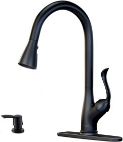 Matte Black Kitchen Faucet Pull Down Sprayer and Soap Dispenser - Single Handle Commercial High Arc One Hole Pull Out Spray Head Kitchen Sink Faucets (Color: BLACK)