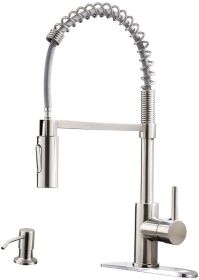 APPASO Commercial Kitchen Faucet Pull Down Sprayer with Soap Dispenser - Stainless Steel High Arc Tall Modern Single Handle Spring Kitchen Sink Faucet (Color: Brushed Nickel)